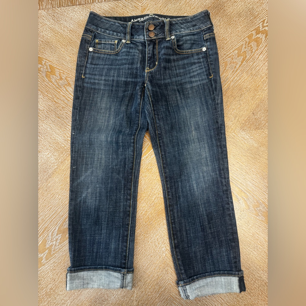 American Eagle Blue Artist Crop Stretch Jeans Sz 2 Waist 30” Inseam 22” Low Rise